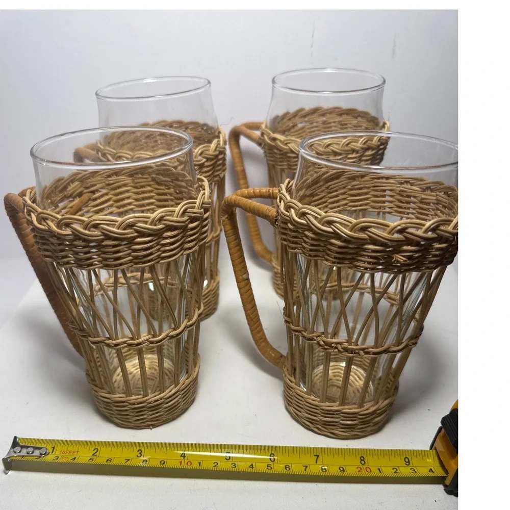Wicker Glass Mugs Set of 4 Tan Boho Rattan Sleeves Cottagecore